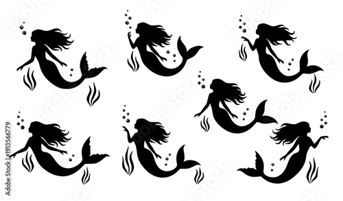 Graceful mermaid silhouette collection with floating bubbles and seaweed in mystical underwater scene