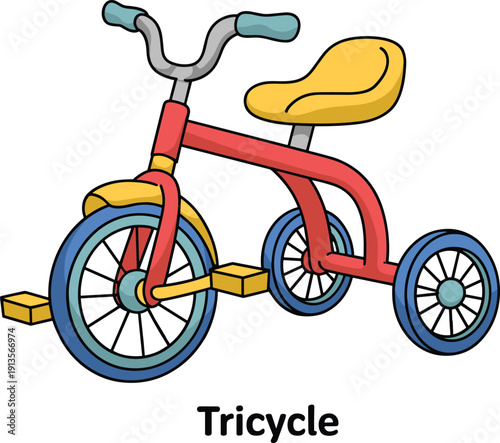 Colorful tricycle with red frame, yellow seat and pedals, blue handlebars, children’s vehicle graphic, educational cartoon illustration, cad drawing flat vector illustration