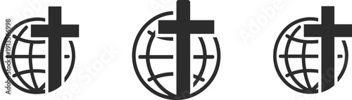 Christian cross on globe symbol, worldwide faith icon, global mission graphic, religious outreach illustration, spirituality design concept, cad drawing flat vector illustration