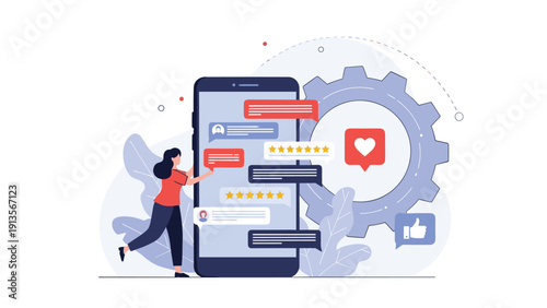 Young woman engaging with various chat messages and star rating bubbles on a giant smartphone screen representing customer support.