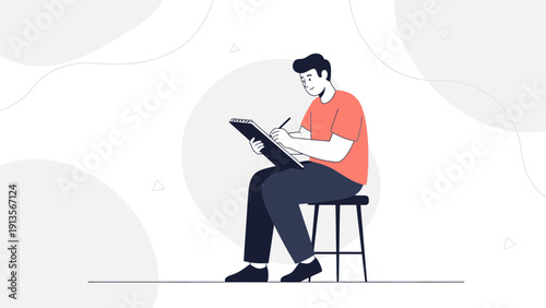 Artist drawing in sketchbook, creative process, illustration, modern flat design