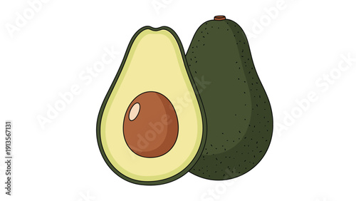 Ripe green whole avocado paired with a perfectly halved portion showing the large brown seed and creamy yellow interior.