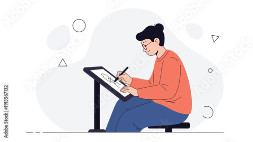 Artist drawing on digital tablet, creative illustration, modern workspace, graphic design, concept art