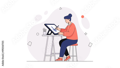 Artist drawing on digital tablet, creative workspace, illustration and design concept