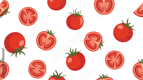 Vibrant seamless background pattern featuring whole red cherry tomatoes and juicy cross sections showing seeds for culinary designs.