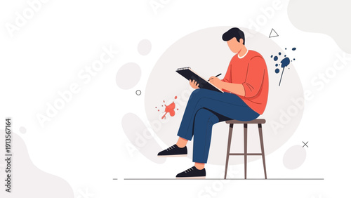 Artist Drawing Sketch on Clipboard, Creative Process Illustration