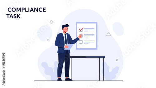 Business Compliance Task Checklist Concept, Man Reviewing Document