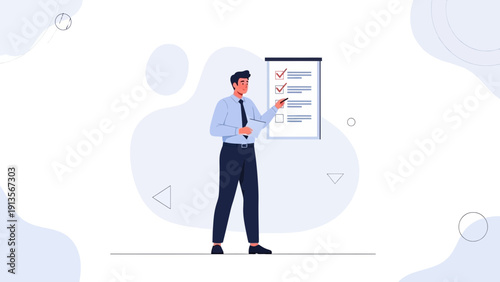 Businessman checking off tasks on a checklist with pen, planning and organization concept