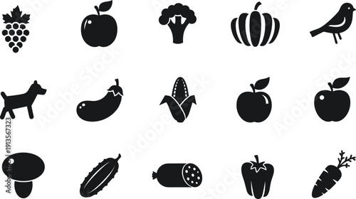 Set of black minimalist flat vector icons featuring fresh fruits, organic vegetables, healthy food items, domestic dog, and small bird.