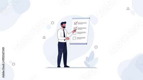 Businessman pointing at checklist on flip chart, business planning and organization concept