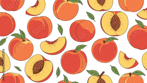 Luscious peach fruit seamless pattern featuring whole peaches and juicy slices with green leaves on a clean white background for fresh themes.