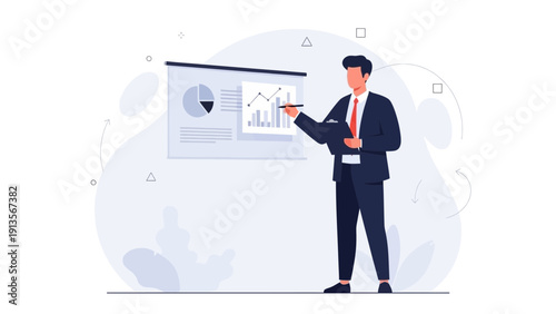 Businessman presenting financial report with charts on screen, modern office illustration