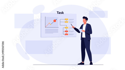 Businessman presenting project plan on whiteboard with charts and flowcharts