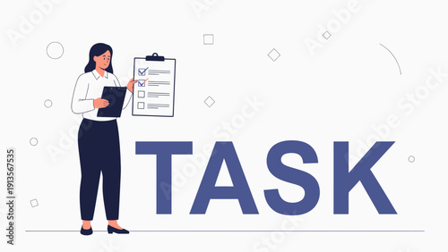 Businesswoman checking checklist on clipboard, large TASK text, planning concept
