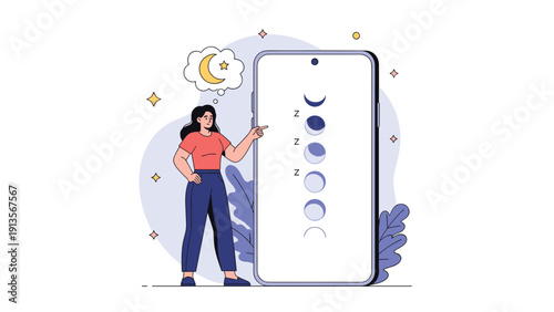 Illustration of a woman using a giant smartphone screen to track her sleep cycles and moon phases during the night with stars and leaves.