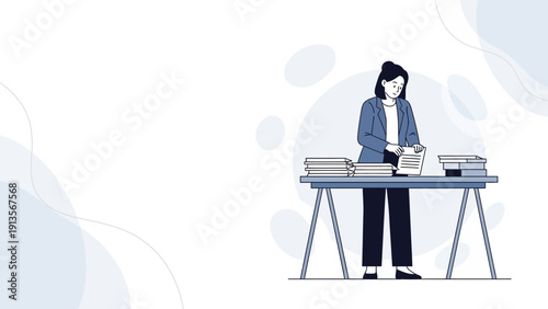 Businesswoman organizing documents at desk with stacks of papers
