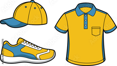 Yellow and blue baseball cap, athletic shoe and polo shirt, coordinated sportswear outfit graphic, fashion design illustration, cad drawing flat vector illustration