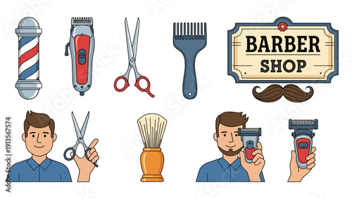 Comprehensive collection of barber shop icons including tools like clippers, scissors, combs, and a barber pole along with shop signage and barbers.
