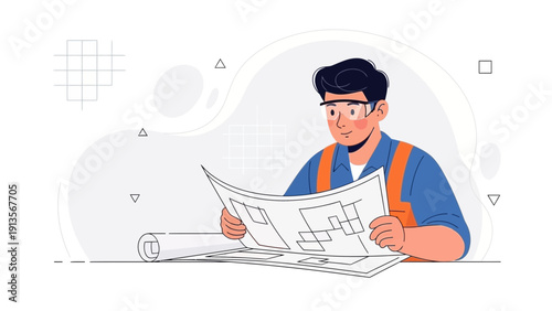 Construction worker reviewing blueprints, planning project, safety goggles, architect design