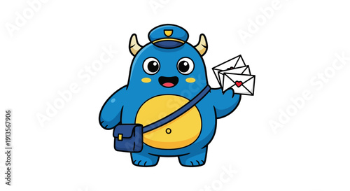 Cute blue monster postman with mail bag and letters, cartoon character, funny, friendly, delivery service
