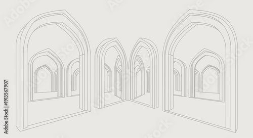 Abstract architectural perspective of gothic arches receding into infinity, creating a sense of depth and mystery.