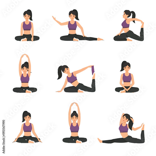 Yoga icon set featuring women in various poses with meditation and fitness silhouettes in a simple vector illustration style
