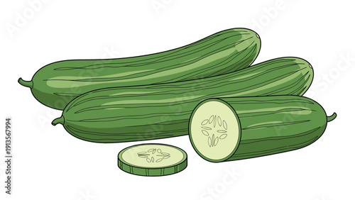 Crisp green cucumbers depicted whole and in slices against a white background, suitable for salad recipes and healthy living visuals.