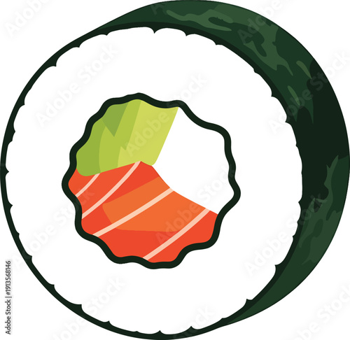 Vector illustration of a fresh sushi maki roll with salmon, avocado, and cream cheese isolated on a white background