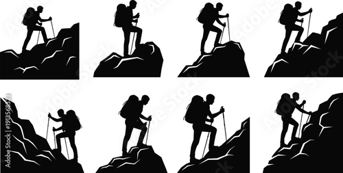 Set of black mountain climber silhouettes, hiking adventure icons, trekking on rocky peaks, outdoor backpacker poses, and wilderness exploration graphic elements.