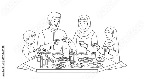 Family sharing a meal together at a table with food and drinks in a traditional setting