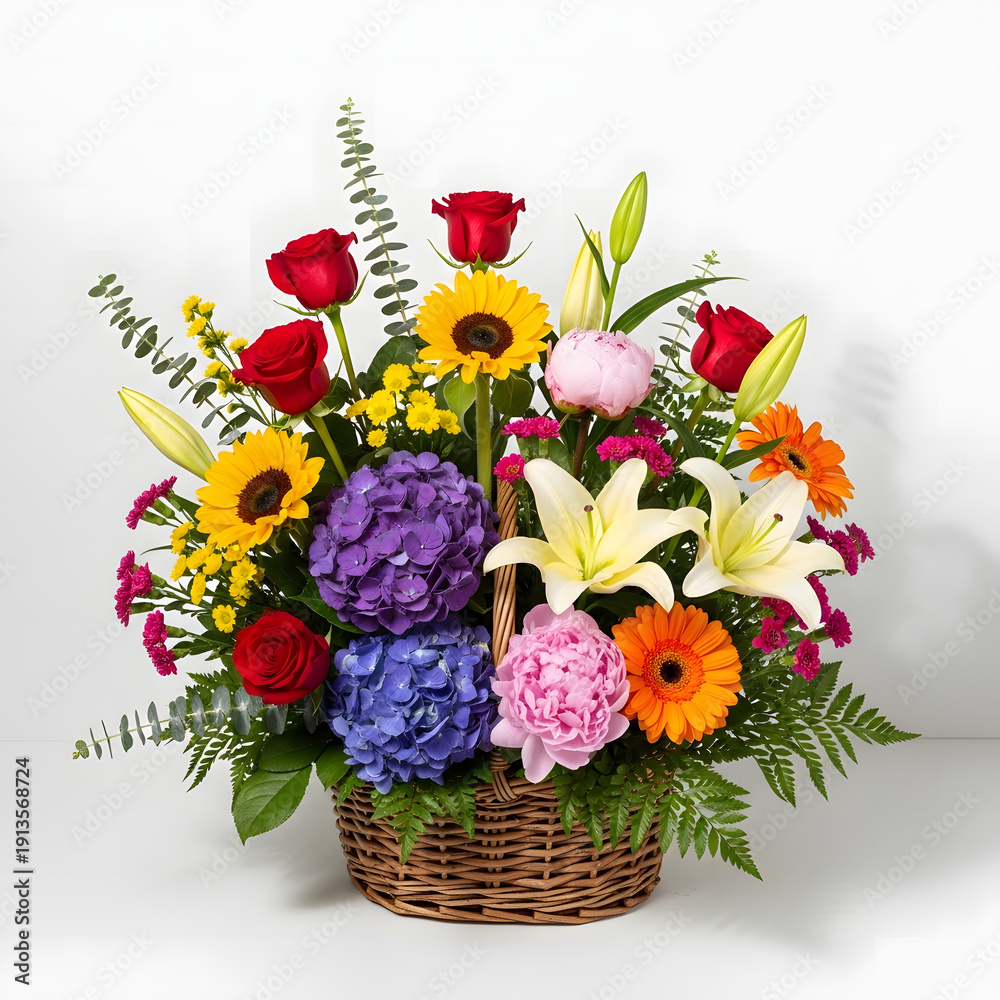 Fototapeta premium Beautiful colorful flower arrangement in a wicker basket on white background various flowers transparent background