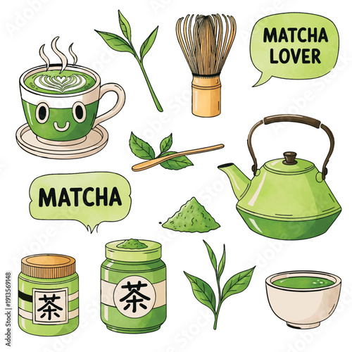 Green tea icons vector set with cups teapots and leaves illustration