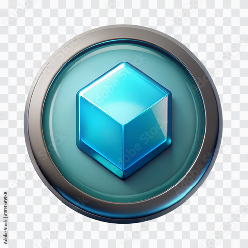 3D Glass Emblem Icon | Futuristic Badge With Cyan Energy Core