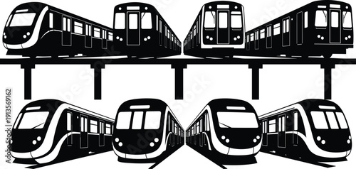 Set of modern subway train silhouettes, urban metro transport icons, electric city railway vectors, underground commute symbols, and rapid transit elements.