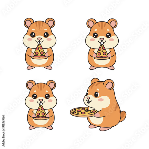 Cute cartoon hamsters enjoying pizza in different poses with copy space