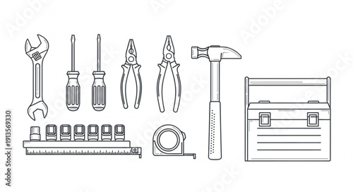 Collection of Hand Tools and Toolbox Illustration.