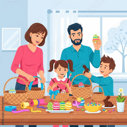 A happy family decorating Easter eggs and preparing baskets together at home, celebrating the holiday with crafts and treats.