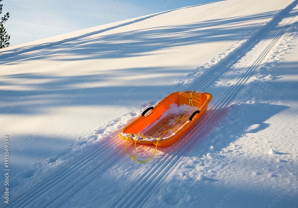 Fototapeta premium Orange sled on snowy hill, winter fun, sledding, snow tracks