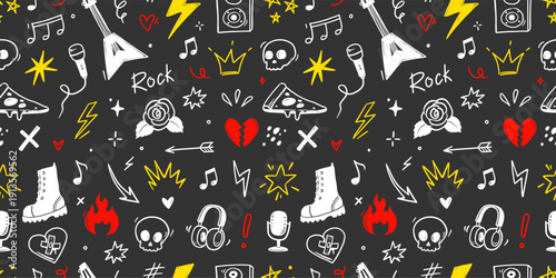 Rock music seamless pattern with guitar, skull, punk symbols. Hand drawn doodle scribbles stickers with stars, roses and love heart for rock music background, tattoo design. Vector illustration