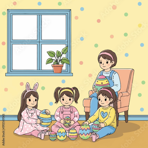 Four girls and a woman decorating colorful Easter eggs in a cheerful room with polka dot walls and a window.