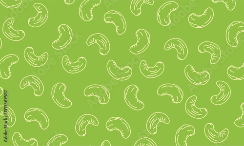 Hand Drawn Cashew Nuts Seamless Pattern. Outline Doodle Food Illustration Ideal for textile printing, packaging design, wrapping paper, kitchen decoration