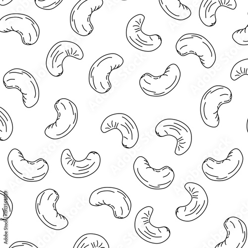 Hand Drawn Cashew Nuts Seamless Pattern. Outline Doodle Food Illustration Ideal for textile printing, packaging design, wrapping paper, kitchen decoration