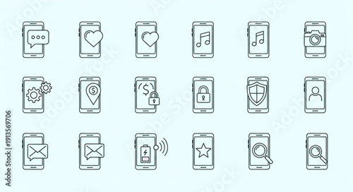 Collection of hand-drawn smartphone icons representing various applications and functions.