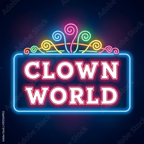 Neon sign for clown world with colorful swirls