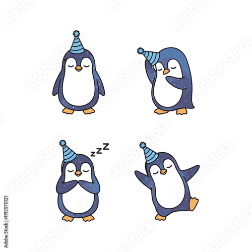 Cute cartoon penguins sleeping and dancing in party hats on white background
