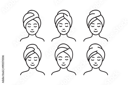 A collection of six line art illustrations depicting women with towels on their heads