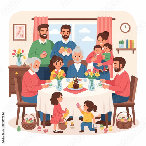 A large multi-generational family celebrating Easter together, with adults and children gathered around a dining table and playing with colorful eggs.
