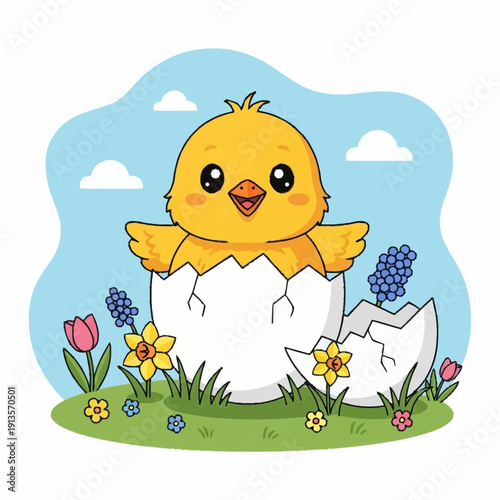 Cute yellow chick hatching from a cracked eggshell in a vibrant spring garden with colorful flowers and a blue sky.