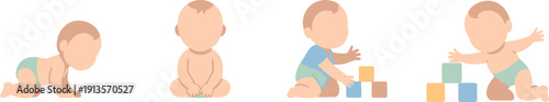 baby, infant, toddler, child, development, milestones, crawling, sitting, playing, growth, cute, little, vector, illustration, set, kids, nursery, isolated, clipart, collection