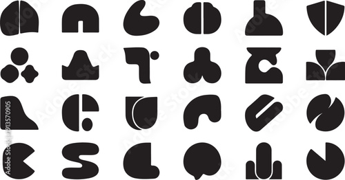 Collection of various abstract black shapes on white background